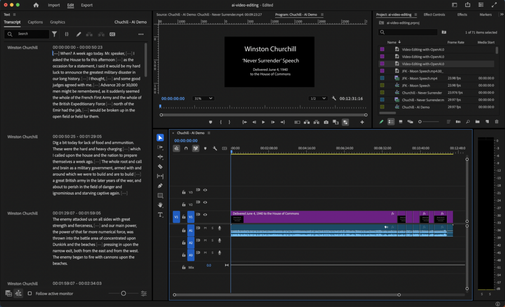 Adobe Premiere showing the Churchill transcript in the application's Text-based Editing workspace.